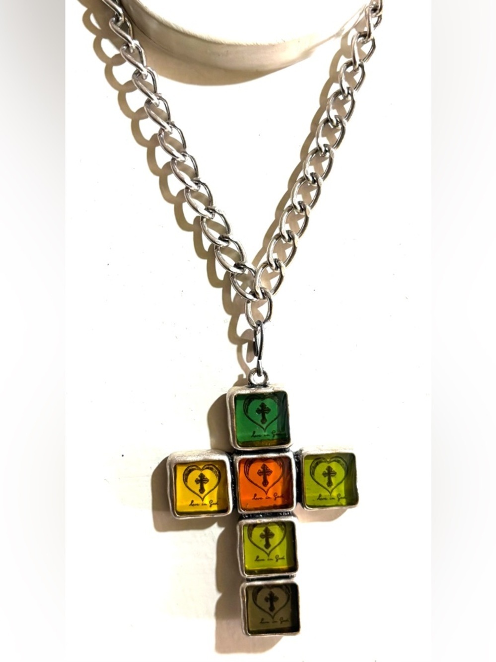 Colorful Cross Pendant Necklace with Green, Orange & Yellow Glass Tiles